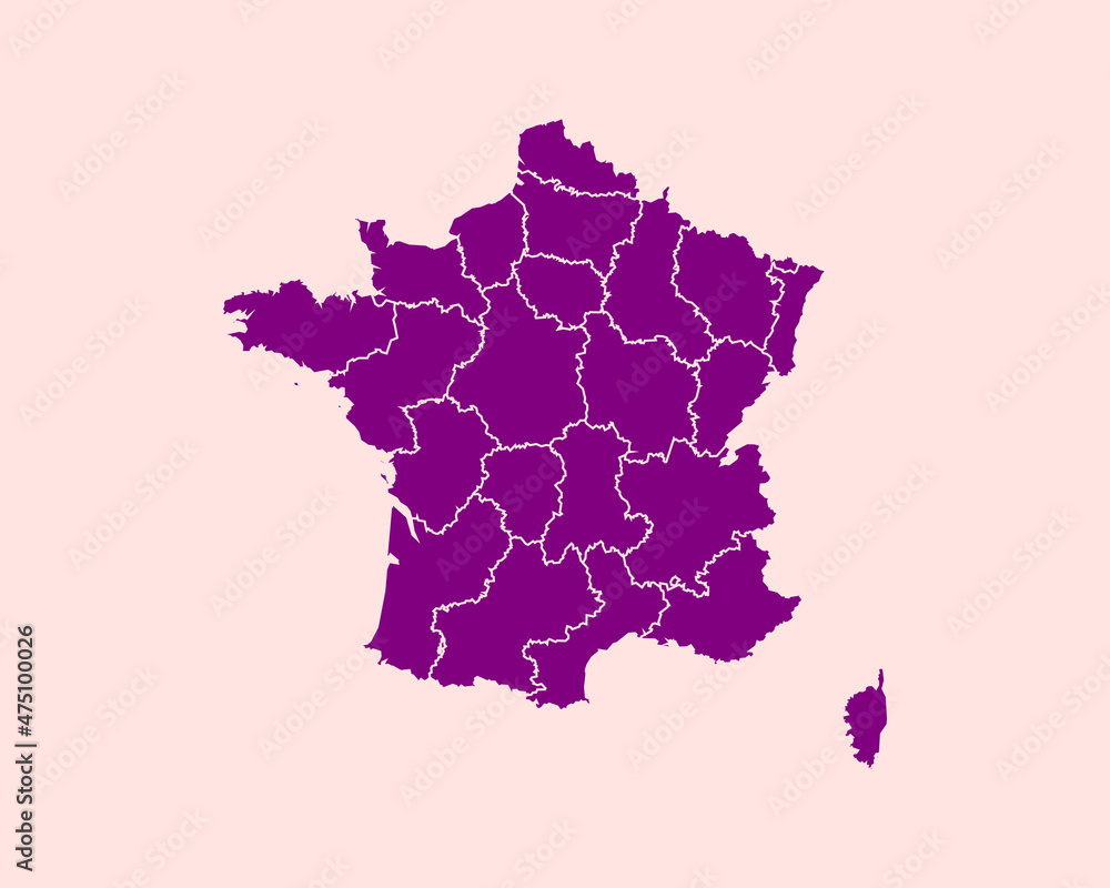 Modern Velvet Violet Color High Detailed Border Map Of France, Isolated on Pink Background Vector Illustration