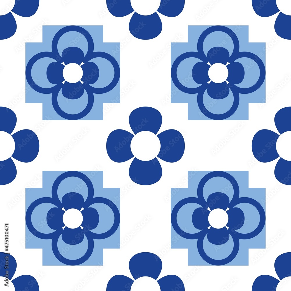 Blue white seamless background with flowers..Abstract, repeating regular pattern for print..Graphic design with regular shapes. Blue white seamless background with flowers..Abstract, repeating regular pattern for print..Graphic design with regular shapes.