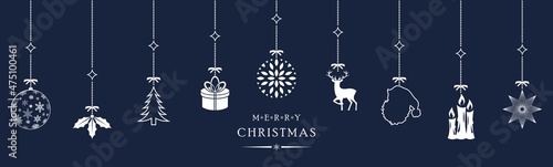 Weihnachtsornament vektor in weiss mit Christbaumschmuck. Merry Christmas Weihnachtsgrüsse.
Dunkelblauer Hintergrund.