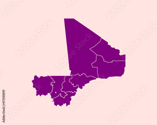 Modern Velvet Violet Color High Detailed Border Map Of Mali, Isolated on Pink Background Vector Illustration