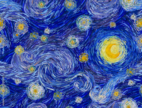 Glowing moon on a blue sky abstract background. Seamless vector pattern in the style of impressionist paintings. photo