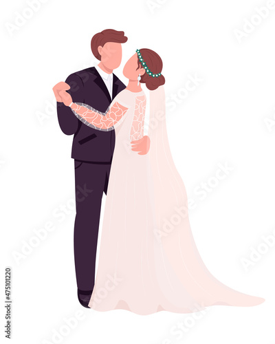 Bride and groom dance semi flat color vector characters. Dynamic figures. Full body people on white. Wedding isolated modern cartoon style illustration for graphic design and animation