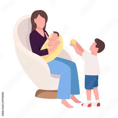 Mom with kids at home semi flat color vector characters. Interacting figures. Full body people on white. Happy family isolated modern cartoon style illustration for graphic design and animation