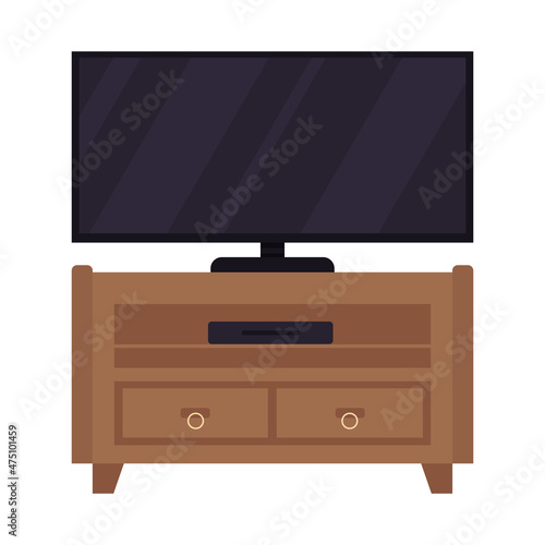 Plasma tv on drawer semi flat color vector object. Realistic item on white. Television on furniture for home interior isolated modern cartoon style illustration for graphic design and animation