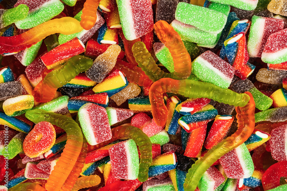 Assorted gummy candies. Top view. Jelly  sweets background.
