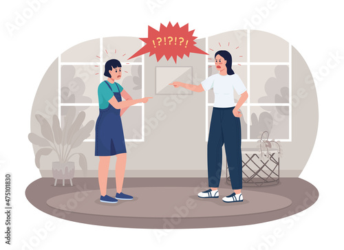 Parent and teen fight 2D vector isolated illustration. Irritated teenage girl arguing with shouting mother flat characters on cartoon background. Raising voice at child colourful scene