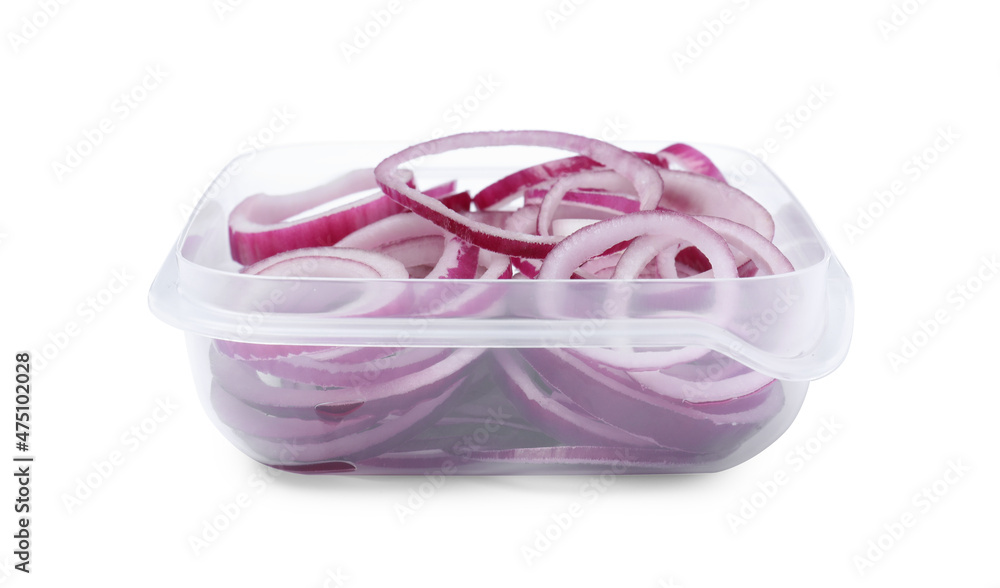 Fresh onion rings in plastic container isolated on white Fresh onion rings in plastic container isolated on white