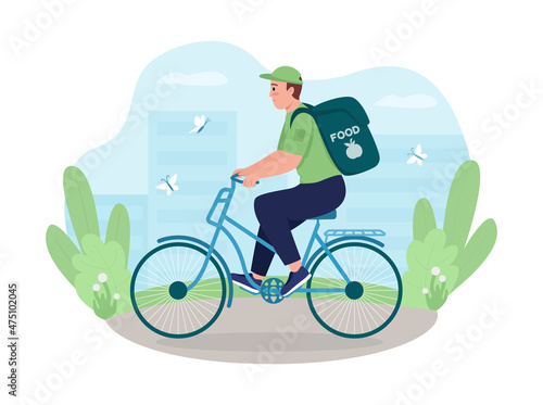 Courier on bicycle 2D vector isolated illustration. Express eco shipping. Delivery worker on bicycle flat character on cartoon background. Alternative sustainable shipment colourful scene