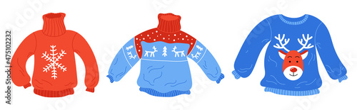 Set of Christmas sweaters with traditional ornament from deer and christmas trees, snowflakes. Red and blue. Isolated on white. 