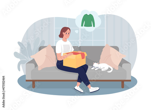 Wrong clothing order 2D vector isolated illustration. Upset customer. Sad woman with box sitting on couch flat character on cartoon background. Negative side of online shopping colourful scene