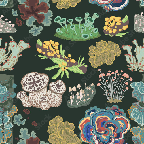Seamless pattern with mushrooms, fungi, lichen and moss. Vintage decorative floral elements set. Vector illustration