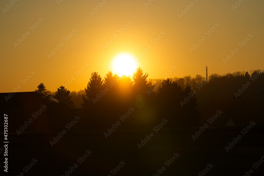custom made wallpaper toronto digitalOrange sun fireball with silhouettes of trees and antenna near the airport on a sunny winter evening. Photo taken December 13th, 2021, Zurich, Switzerland.