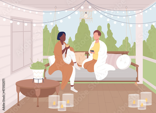 Friends relaxing together on porch flat color vector illustration. Lounge and relaxation. People sitting wrapped in blankets on sofa 2D cartoon characters with outdoor scenery on background