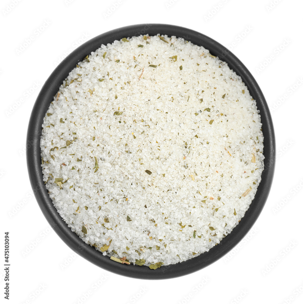 Natural herb salt in bowl isolated on white, top view Natural herb salt in bowl isolated on white, top view