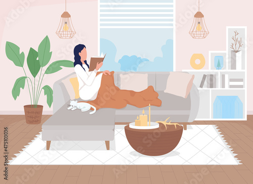 Woman at home resting flat color vector illustration. Danish lifestyle. Hygge and rest. Girl reading under blanket sitting on sofa 2D cartoon characters with scandinavian interior on background