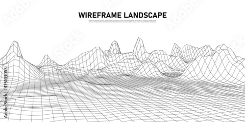 Digital wireframe landscape. Wireframe terrain polygon landscape design. Digital cyberspace in mountains with valleys. Vector illustration.