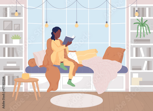 Reading on windowsill flat color vector illustration. Woman holding book and resting near window. Hygge lifestyle. Girl wrapped in warm plaid 2D cartoon characters with interior on background