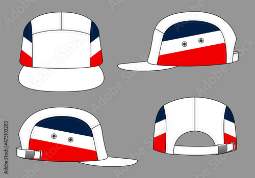 White-Red-Navy Blue 5 Panels Cap Design Vector On Gray Background