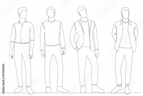 men drawing by one continuous line, sketch, vector