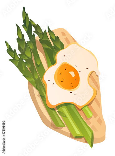 vector drawn illustration of meat, scrambled eggs and asparagus on a white background for menus, cafes, restaurants, advertising or posters 
