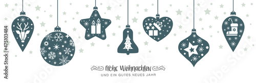 Weihnachtsgruß mit Illustration und deutschem Text - verschiedene Weihnachtskugeln mit dekorativen weihnachtlichen Motiven - grün auf weißem Hintergrund