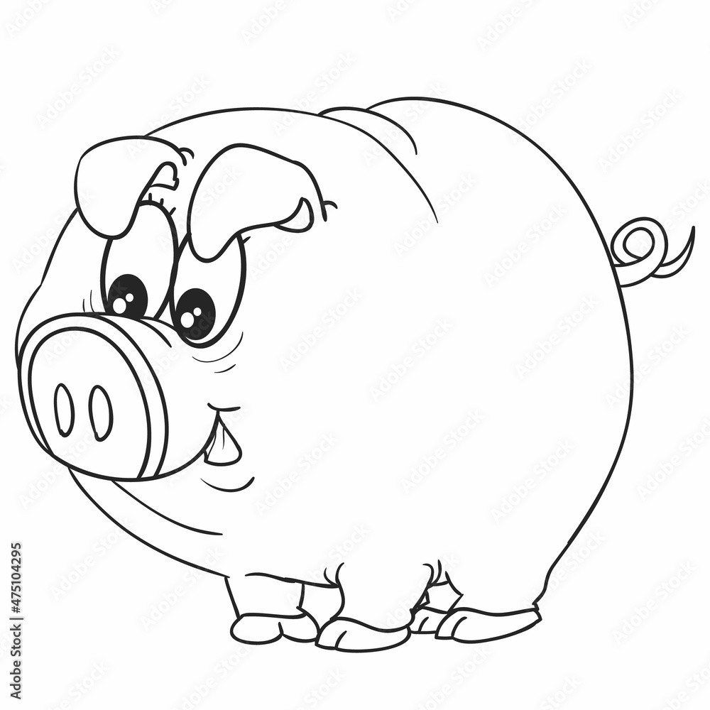 sketch, cute pig character with big eyes, coloring book, cartoon illustration, isolated object ...