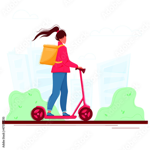 
Girl on kick scooter with yellow thermal bag delivering order. Vector illustration of Fast delivery service
