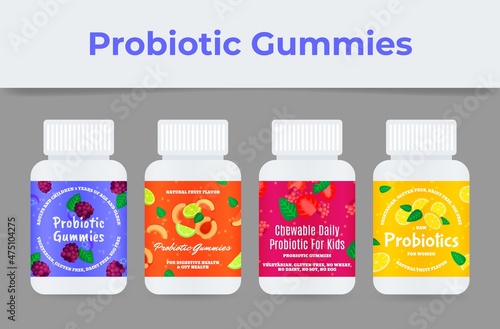 Probiotic gummies in plastic jar with cap set vector flat illustration pharmacy good bacteria
