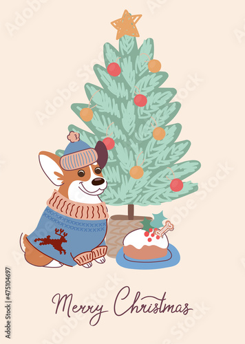 Cute dog corgi on christmas card. Vector greeting card in flat style with lettering Merry Christmas