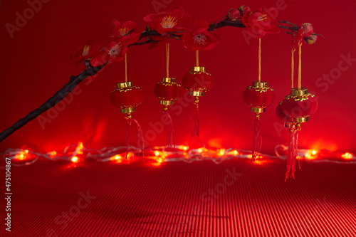 Chinese new year lanterns on red background. Chinese New Year festival decorations.