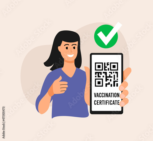 Woman with smartphone qr code vector. Vaccinated digital certificate passport.on device screen.