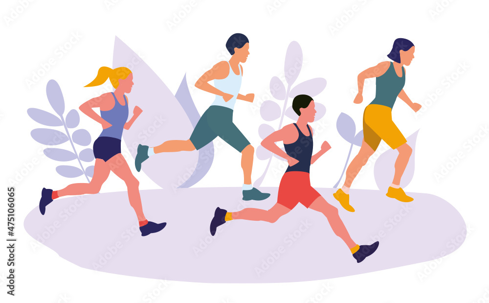 Different people jogging. Active healthy lifestyle concept, running, city competition, marathons, cardio workout, exercise. Isolated illustrations for flyer, leaflet, advertising banner Different people jogging. Active healthy lifestyle concept, running, city competition, marathons, cardio workout, exercise. Isolated illustrations for flyer, leaflet, advertising banner
