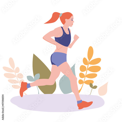 Young woman jogging. Active healthy lifestyle concept, running, city competition, marathons, cardio workout, exercise. Isolated illustrations for flyer, leaflet, advertising banner