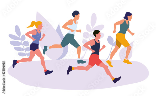 Different people jogging. Active healthy lifestyle concept, running, city competition, marathons, cardio workout, exercise. Isolated illustrations for flyer, leaflet, advertising banner