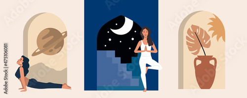 Interior with arch and woman in yoga pose vector. Meditation and relax theme