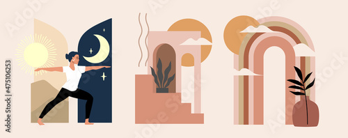 Interior with arch and woman in yoga pose boho vector. Meditation and relax theme