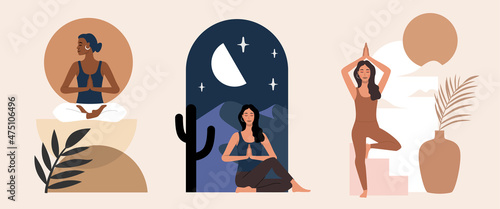 Interior with arch and woman in yoga pose vector. Meditation and relax theme