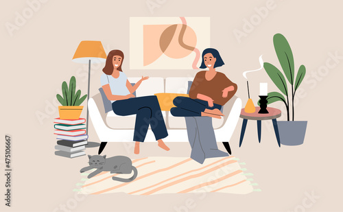 Two women spending time together on sofa. Vector Interior with characters