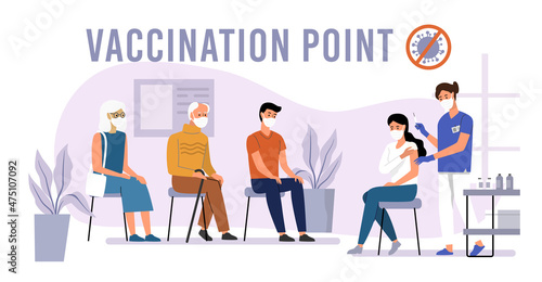 People get covid vaccine at hospital to protected health. Doctor makes an injection of flu vaccine.