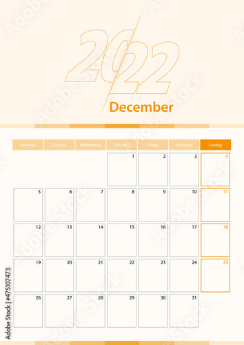 Modern vector vertical calendar sheet for December 2022, planner in English.