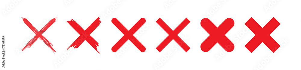 Obraz premium Red cross mark flat icons in different styles. Vector collection of deny and error signs. Vector logo for web design and infographic isolated on white background.