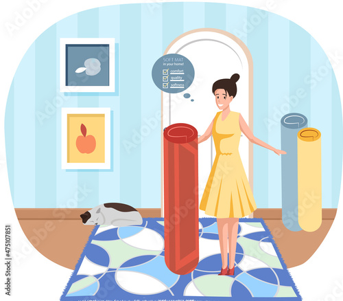 Soft mat in home concept. Textile rolls, rugs or mats scroll, wrapped home cotton fabric. Interior decor, carpet, rolled soft floor covering, wrapping. Household chore, tapis, cosiness and comfort