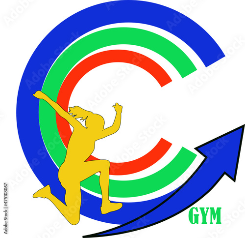 logo gimnasio. letra C con una mujer corriendo y una flecha marcando el rumbo hacia arriba. Vector sin fondo, fondo transparente