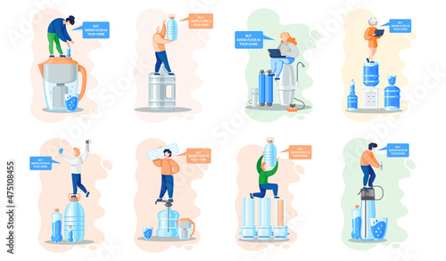 Buy kitchen water filter in home filtering reverse osmosis system mechanical cleaning for use and drinking. Drinkable pure water filtration technology. Purification of pipeline dirty water scenes set