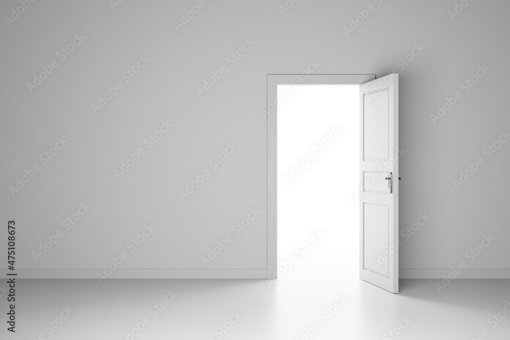 3D illustration Open door in a white room with the outgoing light 3D illustration Open door in a white room with the outgoing light