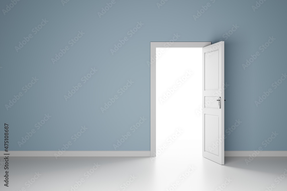 3D illustration Open door in a white room with the outgoing light 3D illustration Open door in a white room with the outgoing light
