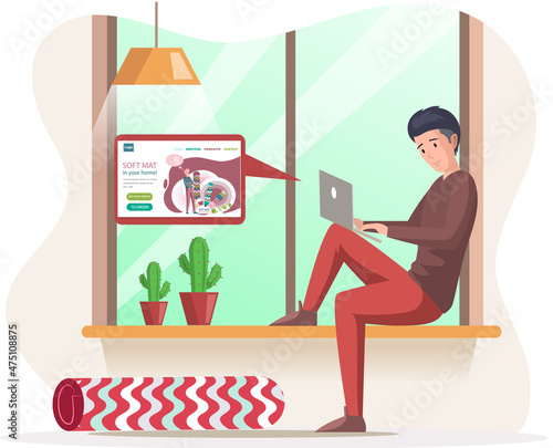 Man orders carpet in an online store with textile rolls, rugs or mats, buys an interior element. Guy equips apartment, selects design for room, thinking about flooring. Floor mat, carpeting service