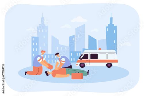 Doctor giving first medical aid to unconscious person after accident with city in background. Medical assistant training how to give cardiopulmonary resuscitation flat vector illustration. CPR concept