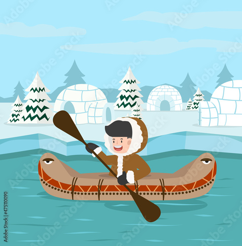 winter north pole arctic with Eskimo boat