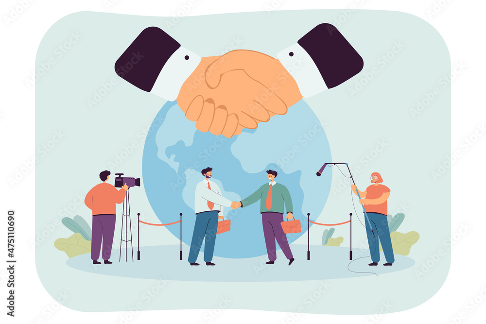 Tiny representatives of foreign embassies shaking hands with planet in background. International meeting and conflict crisis discussion flat vector illustration. Democracy and diplomacy concept - obrazy, fototapety, plakaty 